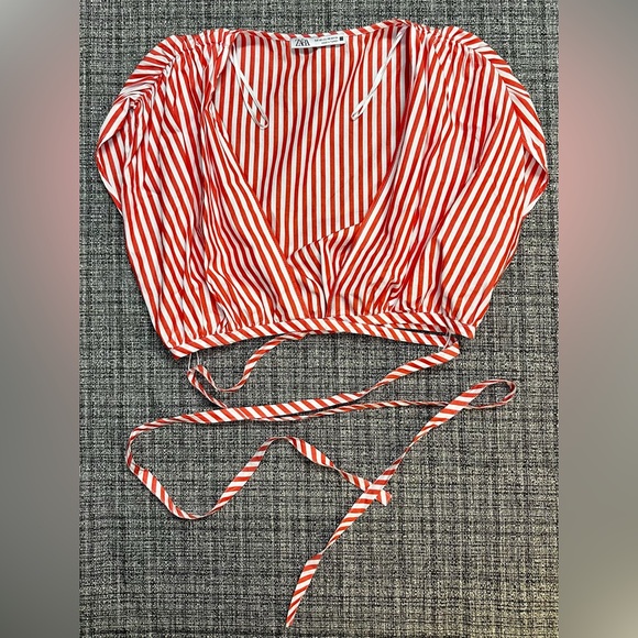 Zara Red/White Striped Poplin Top- Cropped with cross ties, Women’s XS - Picture 3 of 5